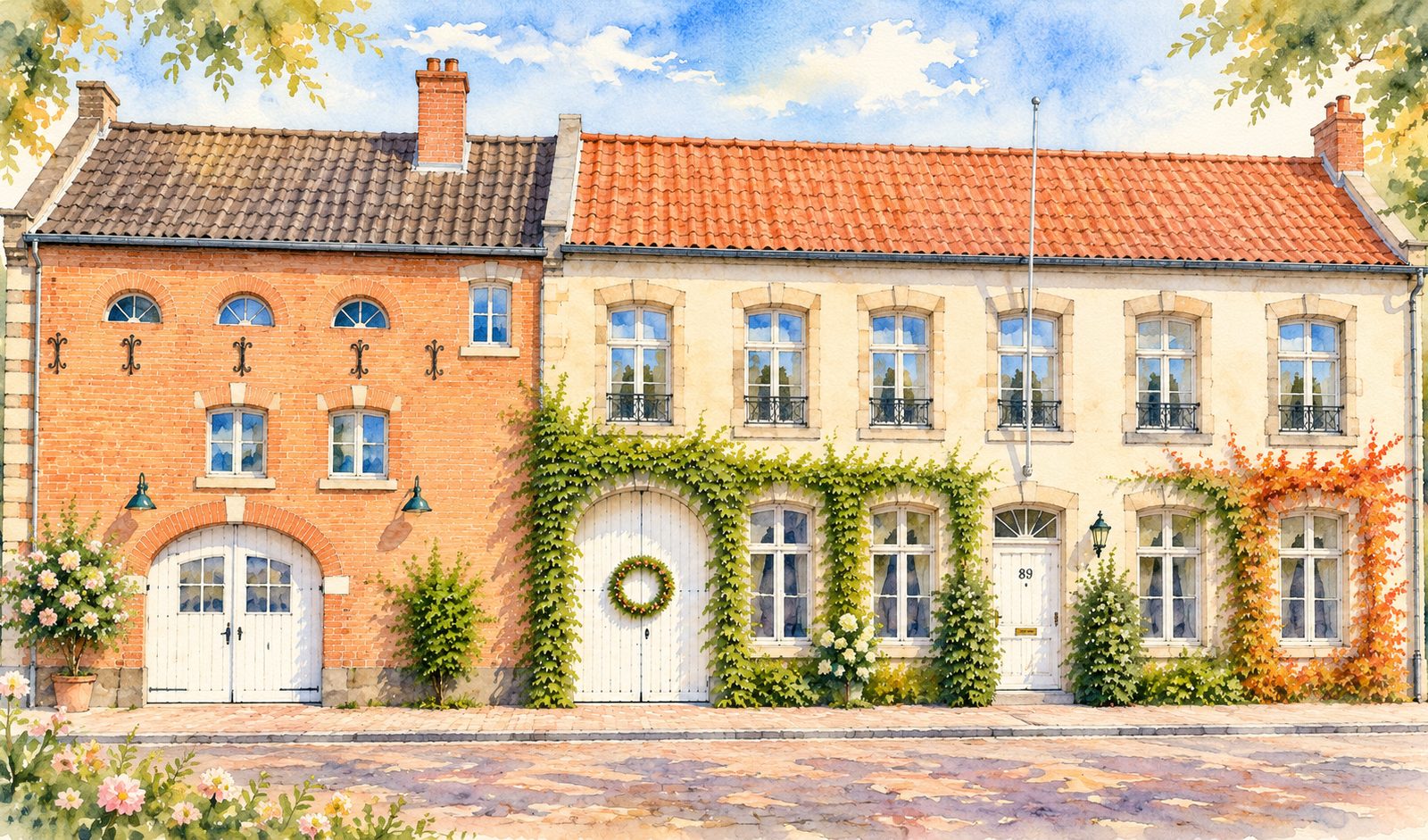 Aquarel-illustratie van de carréboerderij De Cour in Gronsveld, met blauwe lucht en groen